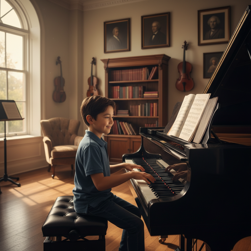 Young child age 10 playing grand piano with focused concentration in a warm music studio