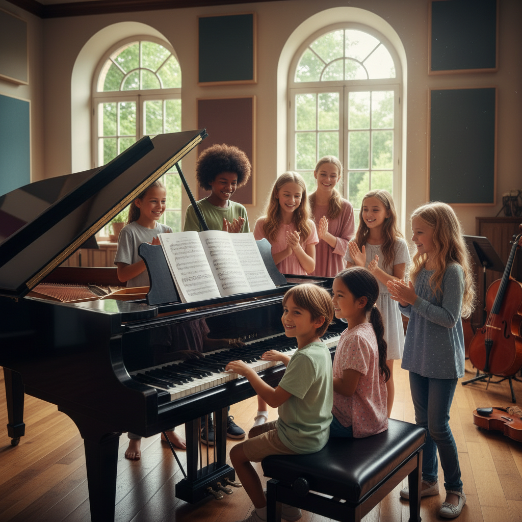 Diverse group of children ages 6 to 16 gathered around a grand piano in a bright music studio