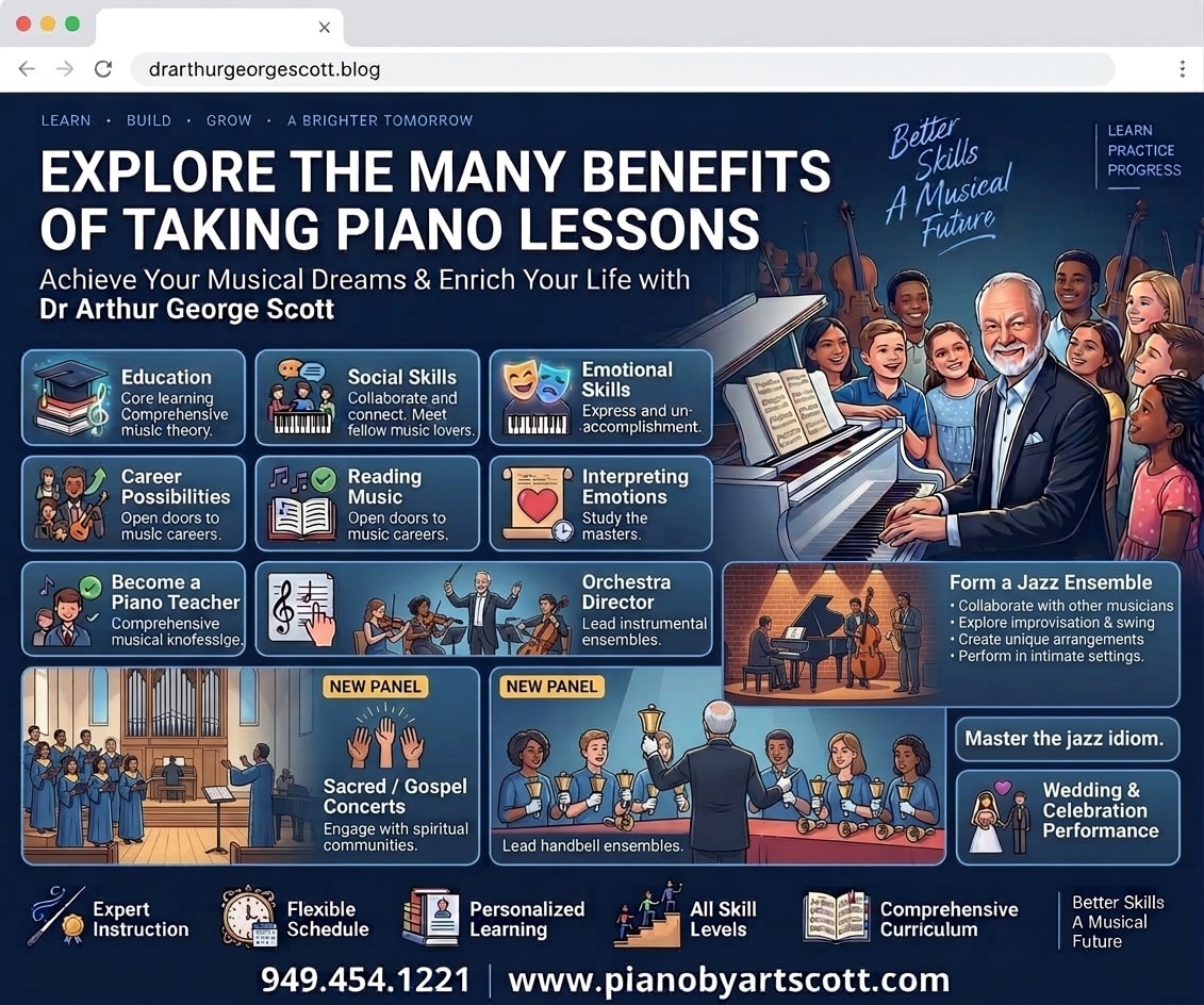 Explore the many benefits of taking piano lessons with Dr. Arthur George Scott — education, social skills, emotional skills, career possibilities, reading music, and more