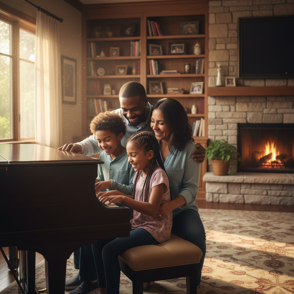 Multicultural family gathered around a piano in a warm living room