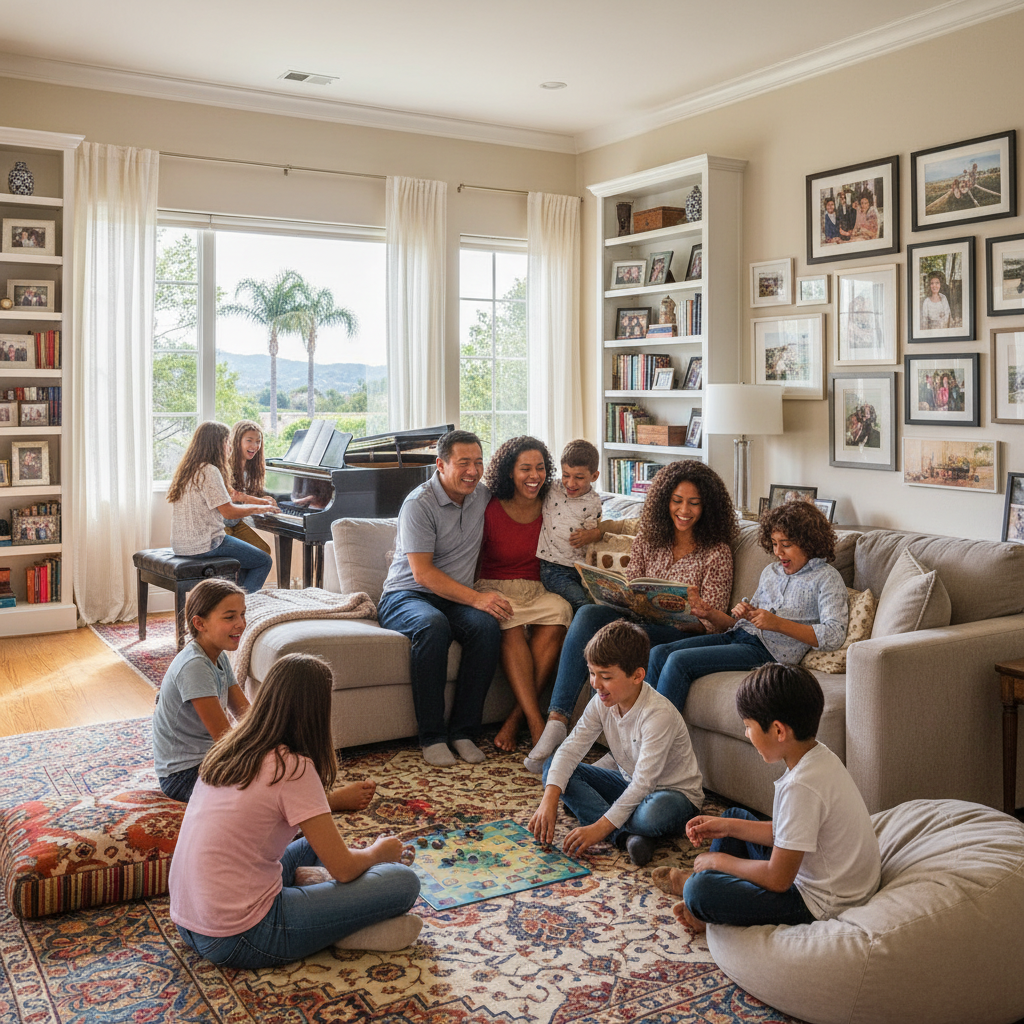 Large multicultural family of nine children and two parents gathered joyfully in their home