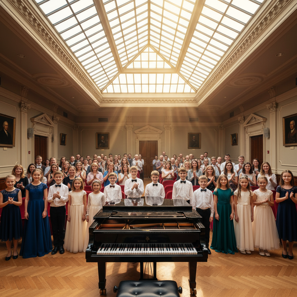 Multicultural children posing at a grand piano recital with 100 parents watching under skylights
