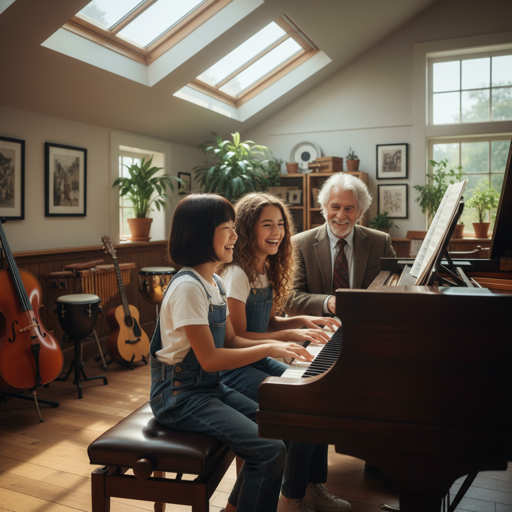 Two young girls playing piano together while a proud music teacher watches nearby